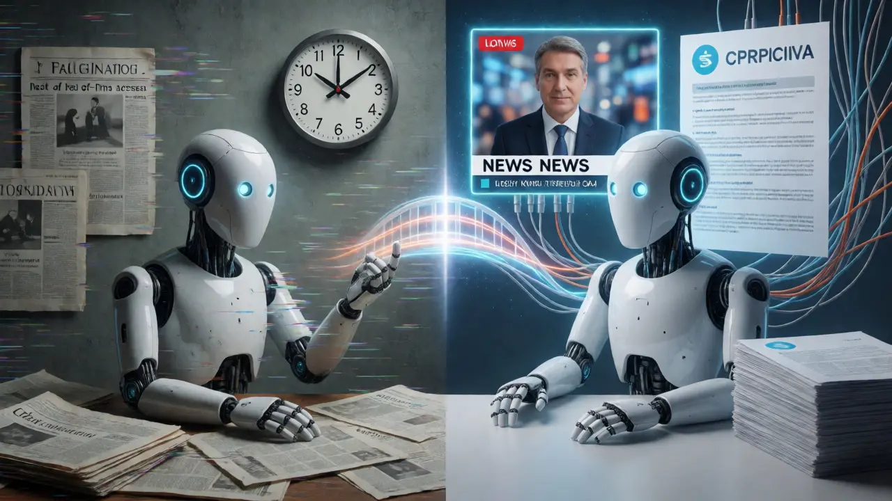 Comparação visual entre um LLM isolado e um sistema RAG conectado a dados em tempo real.