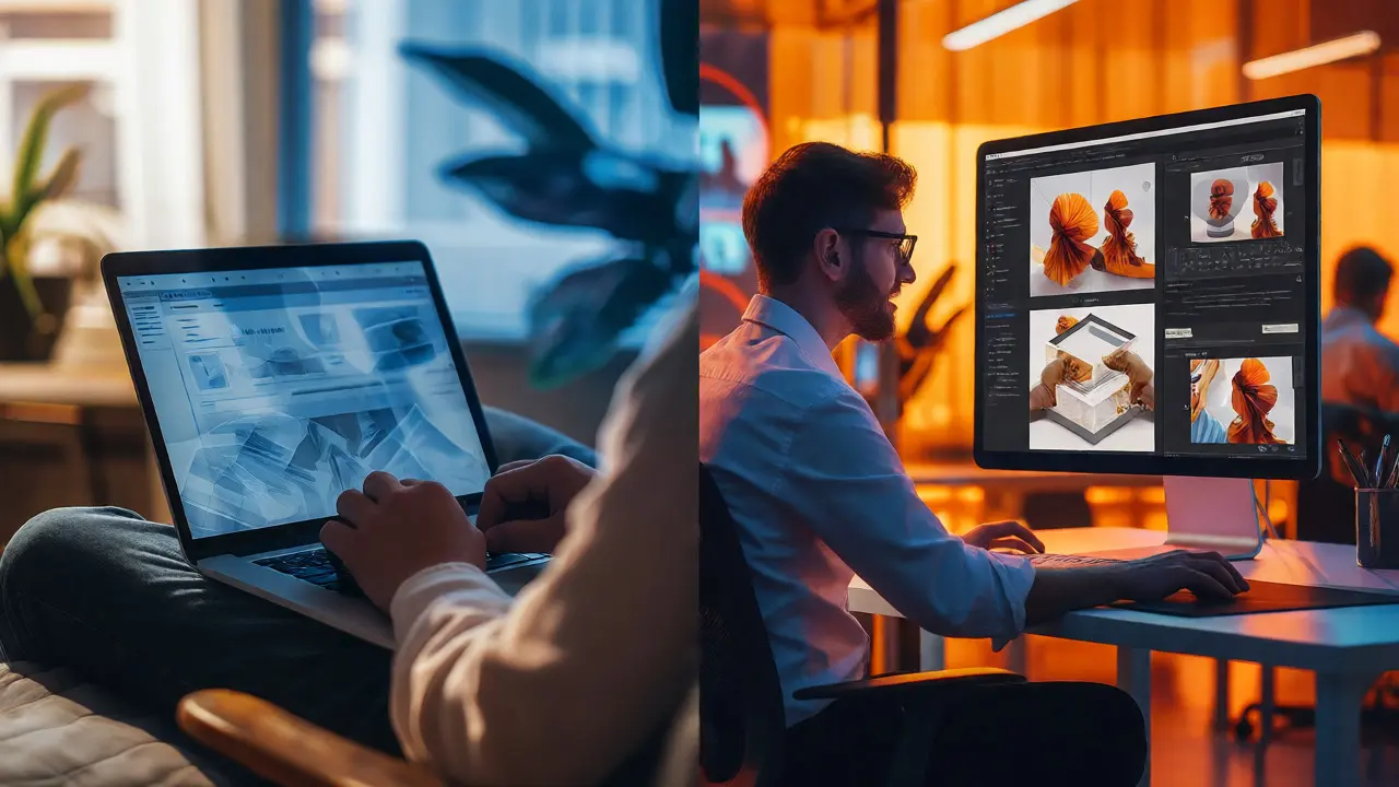 Divisão visual entre usuário casual lento e profissional rápido gerando artes.