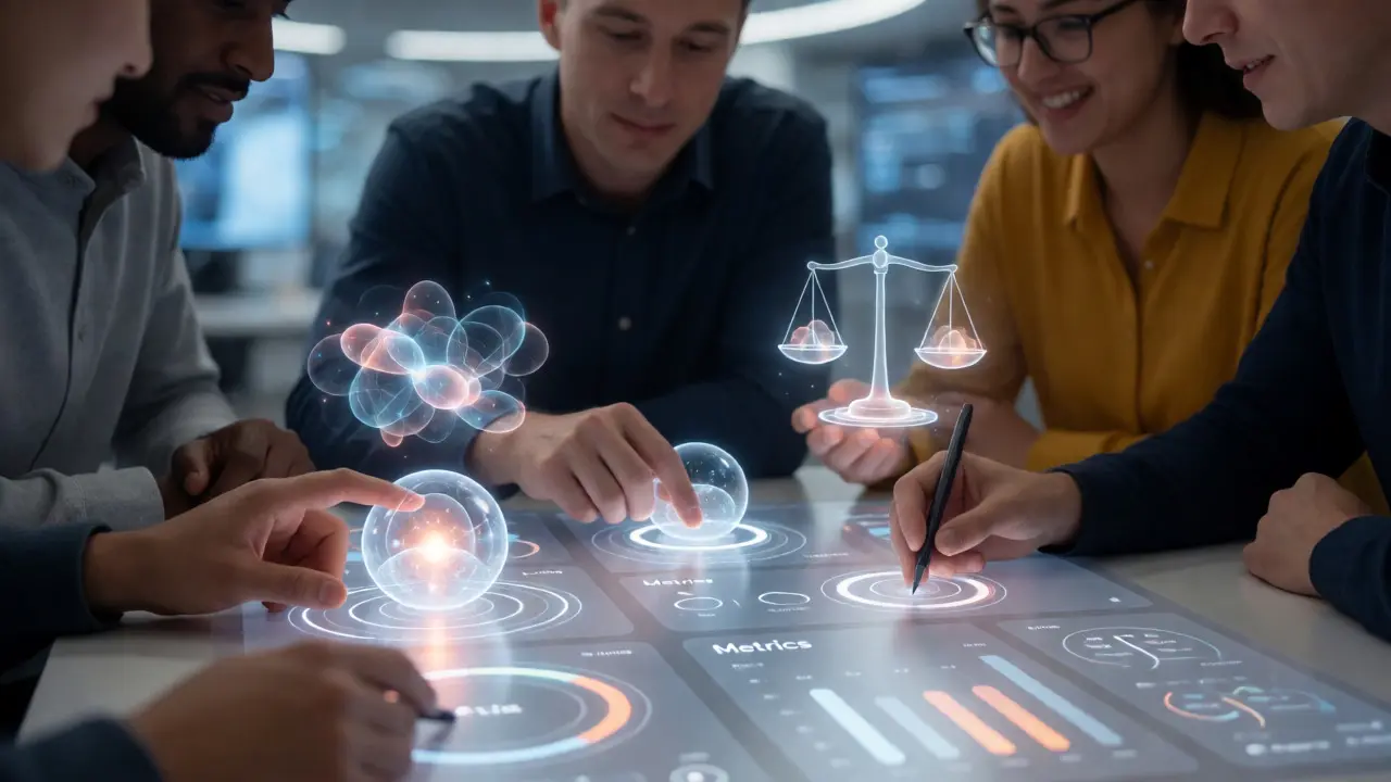 Equipe analisando métricas de IA através de visualizações holográficas interativas