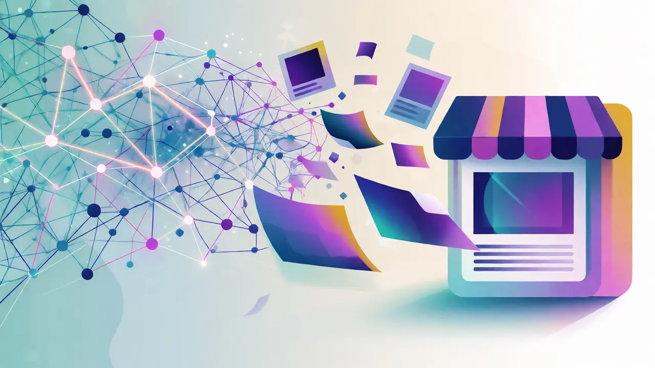 Ilustração conceitual da transformação de redes neurais em produtos digitais para venda.