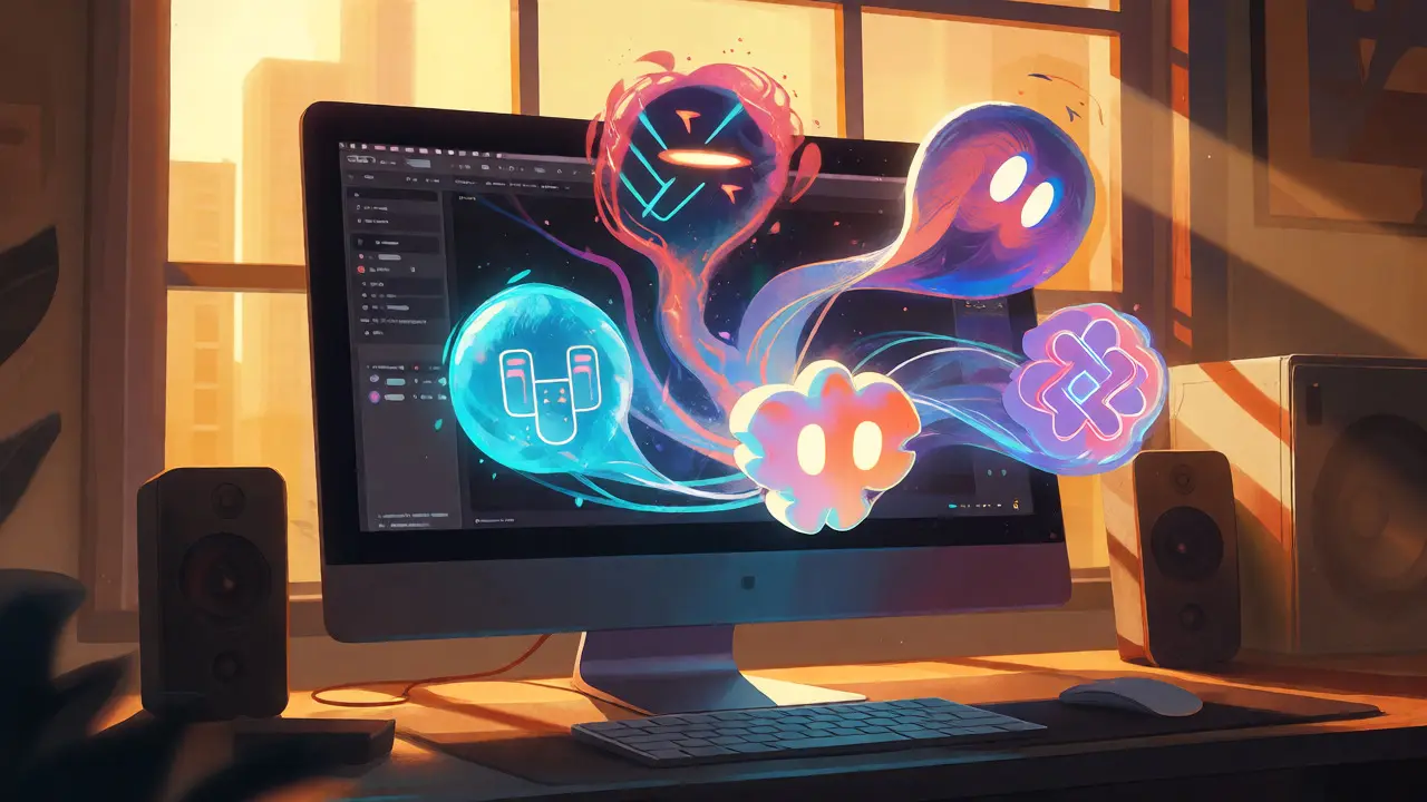 Ilustração conceitual de quatro modelos de IA emergindo de um monitor.