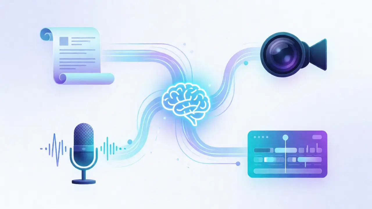 Ilustração digital mostrando o fluxo de trabalho integrado entre IA, roteiro, voz e edição.