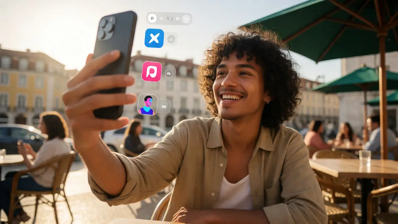 Influenciador gravando vídeo no celular em ambiente externo, misturando realidade e ferramentas digitais.