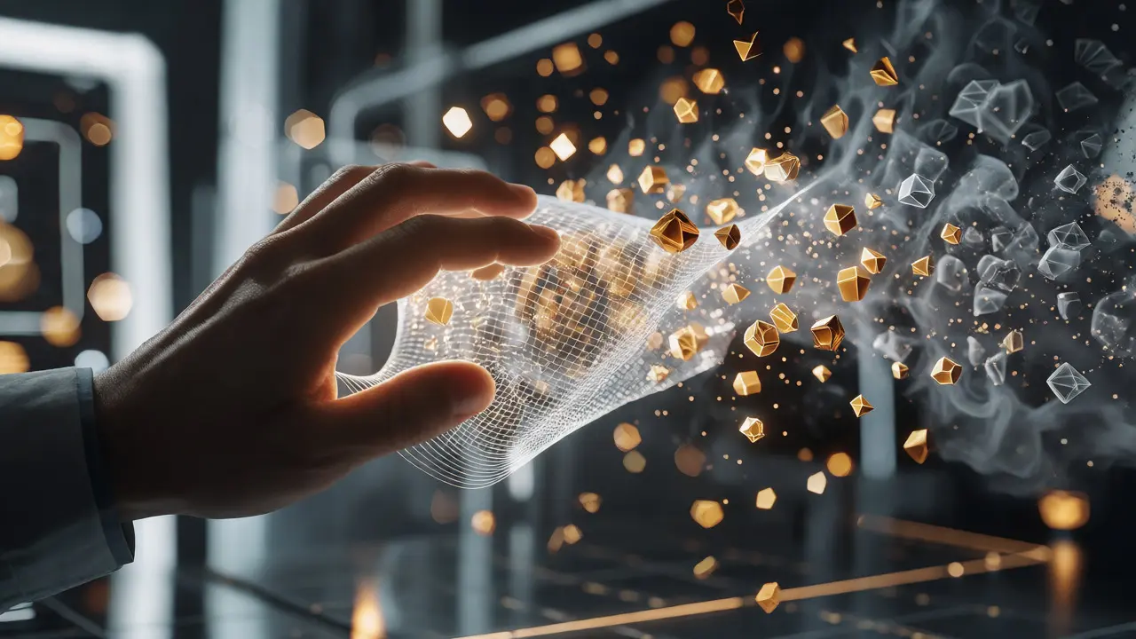 Mão filtrando partículas de dados para curadoria inteligente
