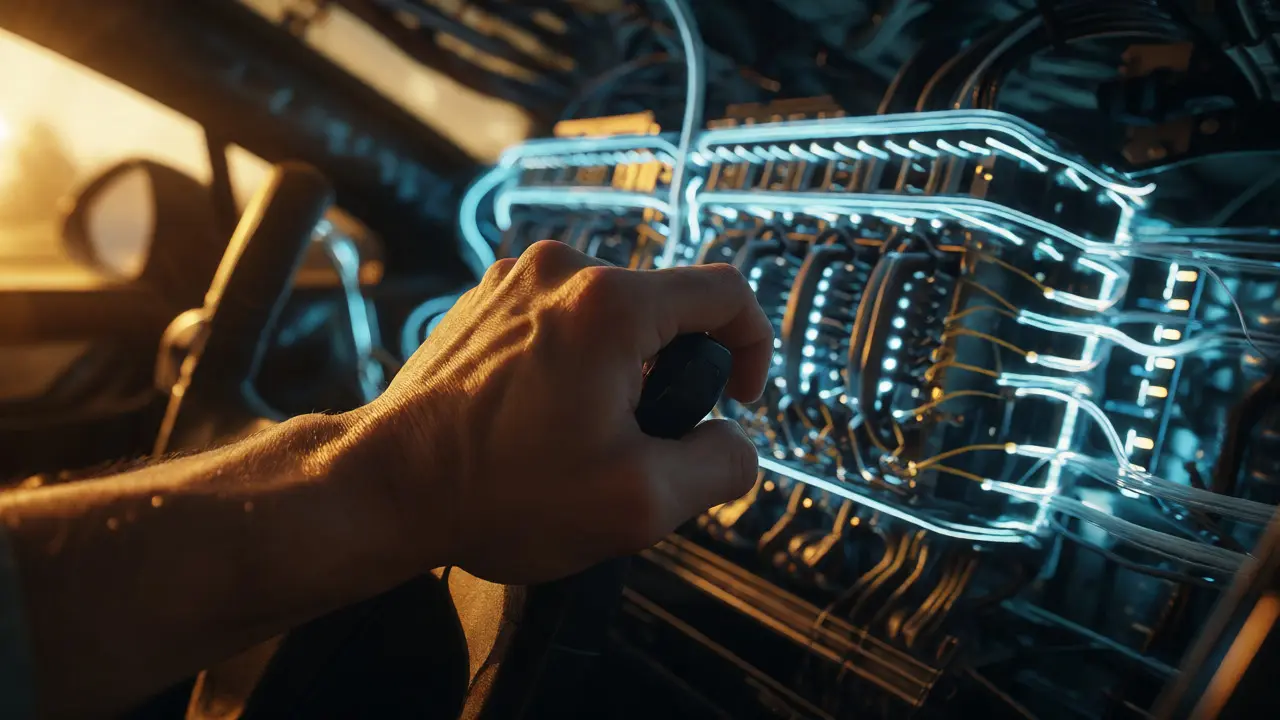 Mão humana segurando volante com motor de IA brilhante ao fundo