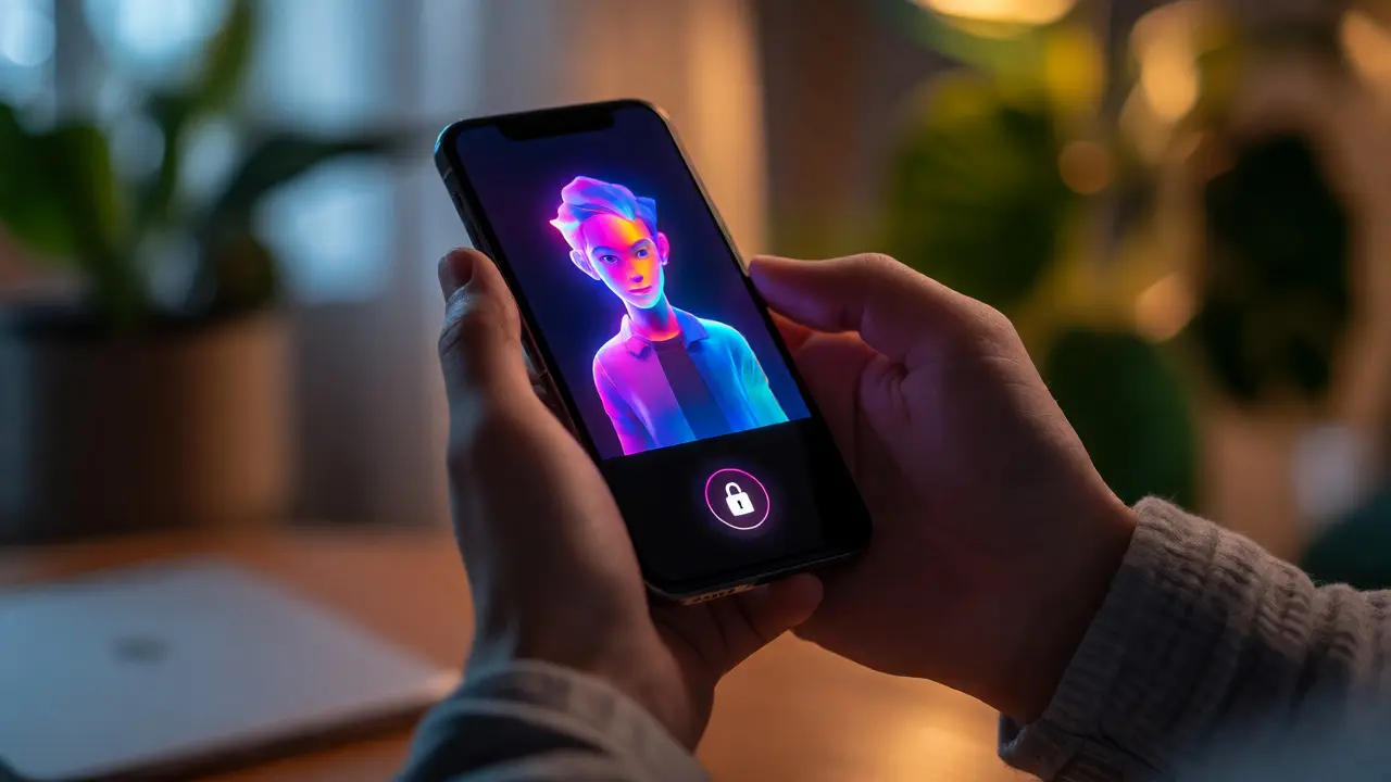 Mãos segurando celular com reflexo de ícone de cadeado de segurança
