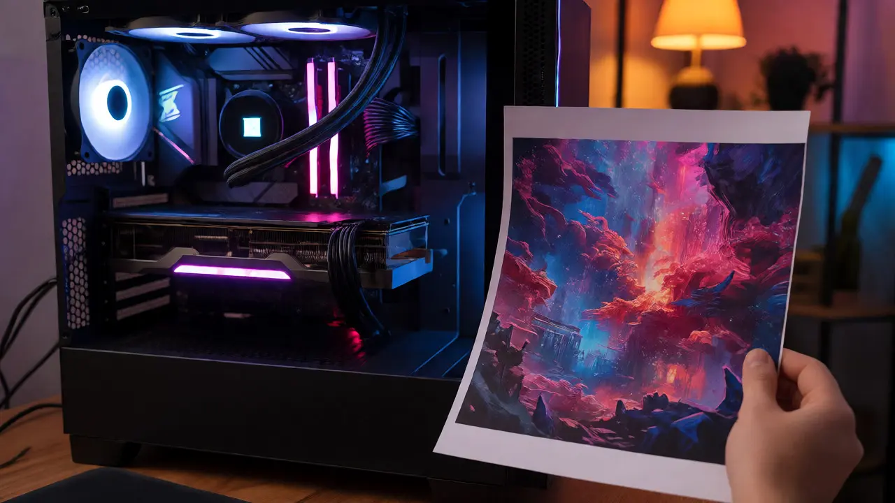 PC gamer com GPU iluminada e impressão de arte digital ao lado.