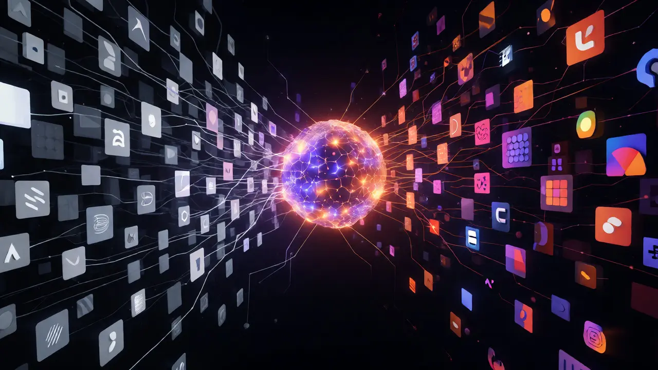 Rede neural de IA gerando múltiplas variações visuais e assets digitais em fundo escuro.