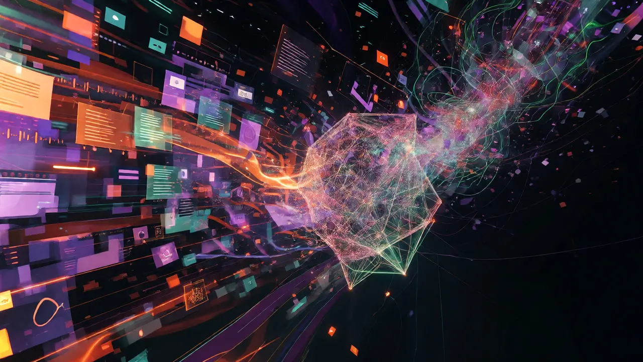 Vórtice caótico de dados da internet formando uma rede neural