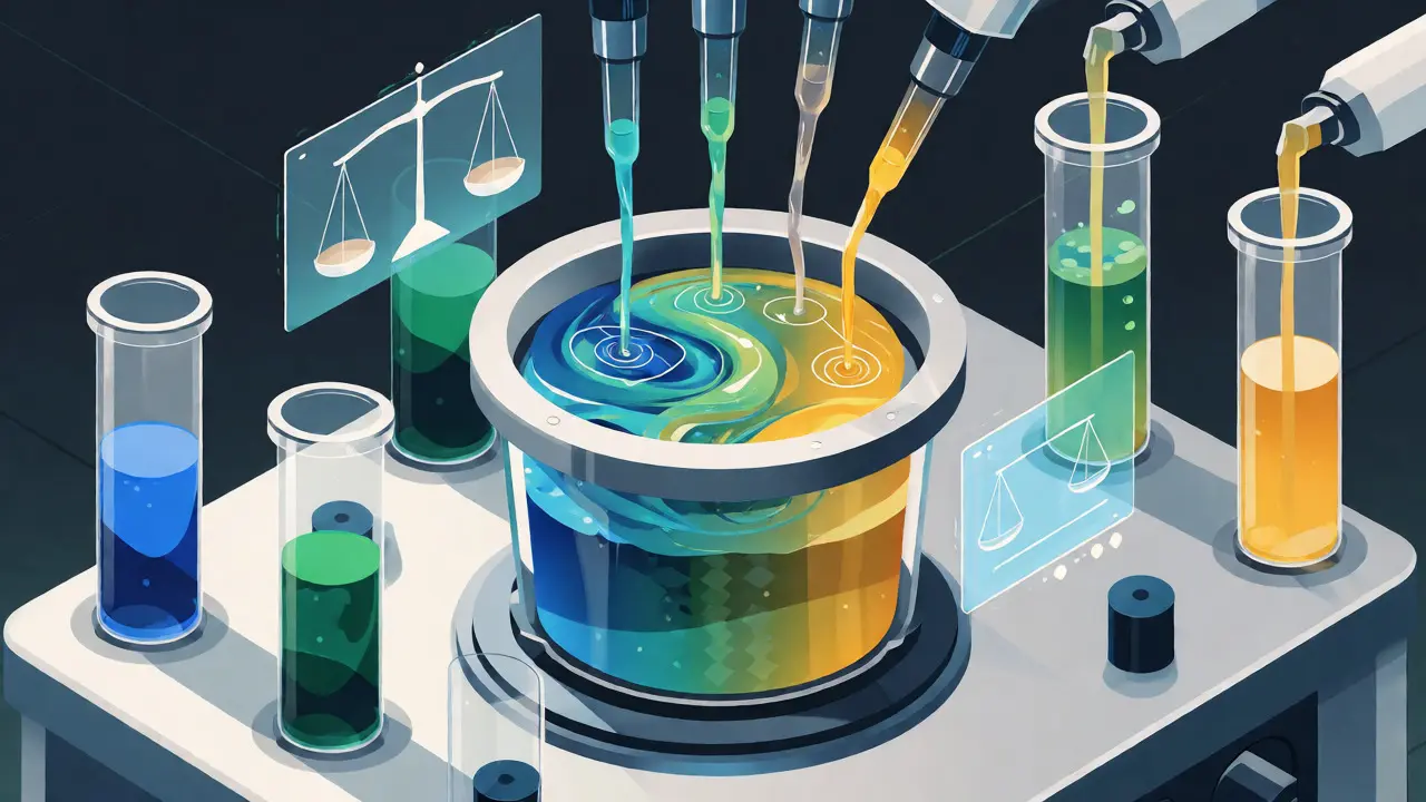 Automated lab mixing colored data sources in precise proportions for AI training.