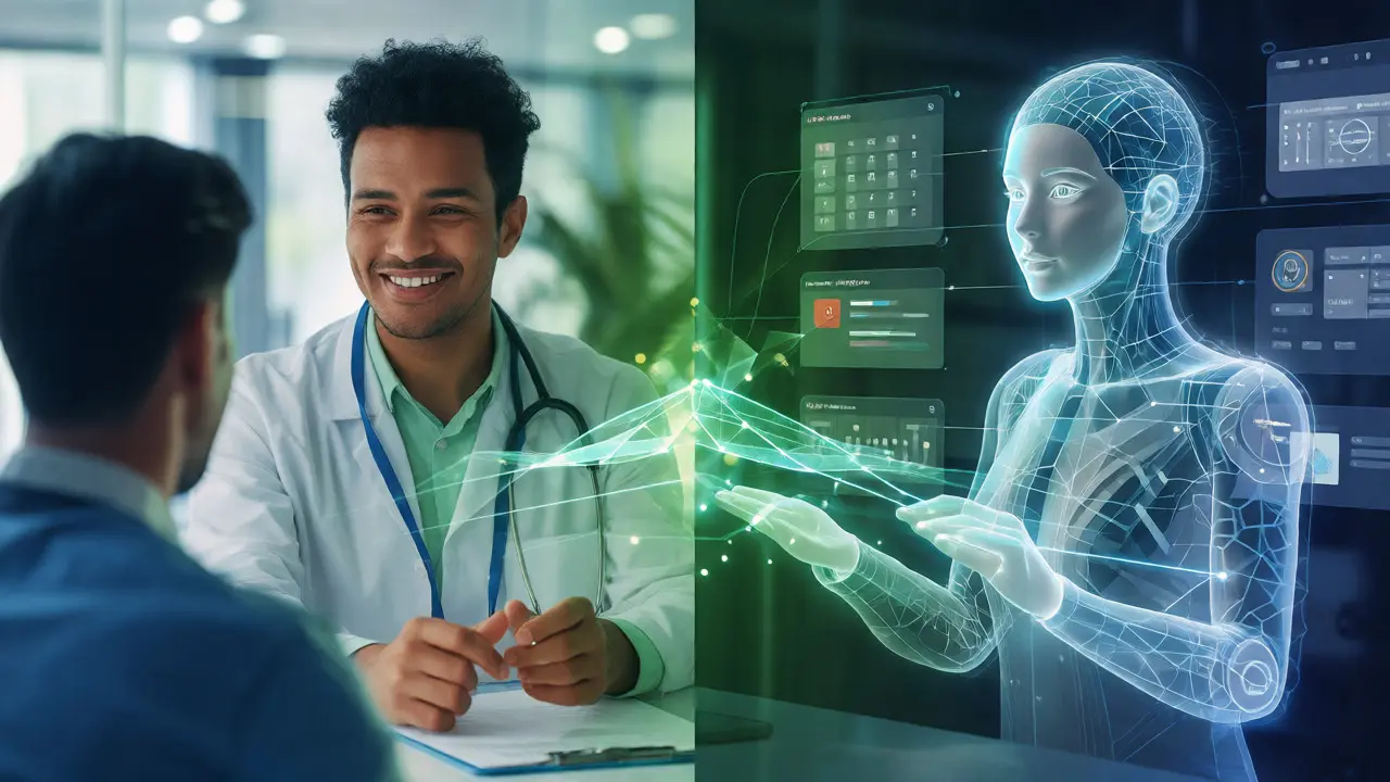 Colaboração entre profissional de RH humano e assistente virtual de IA automatizando tarefas.