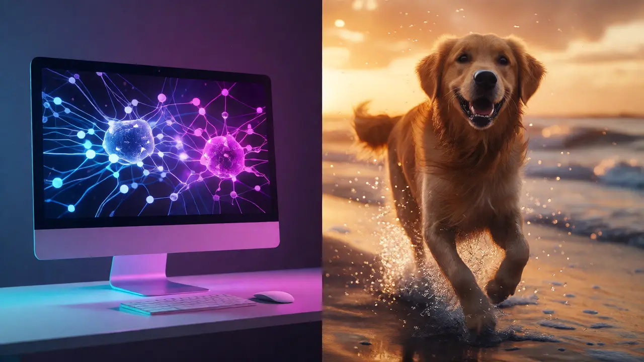 Comparação entre interface de IA e vídeo realista de cachorro na praia