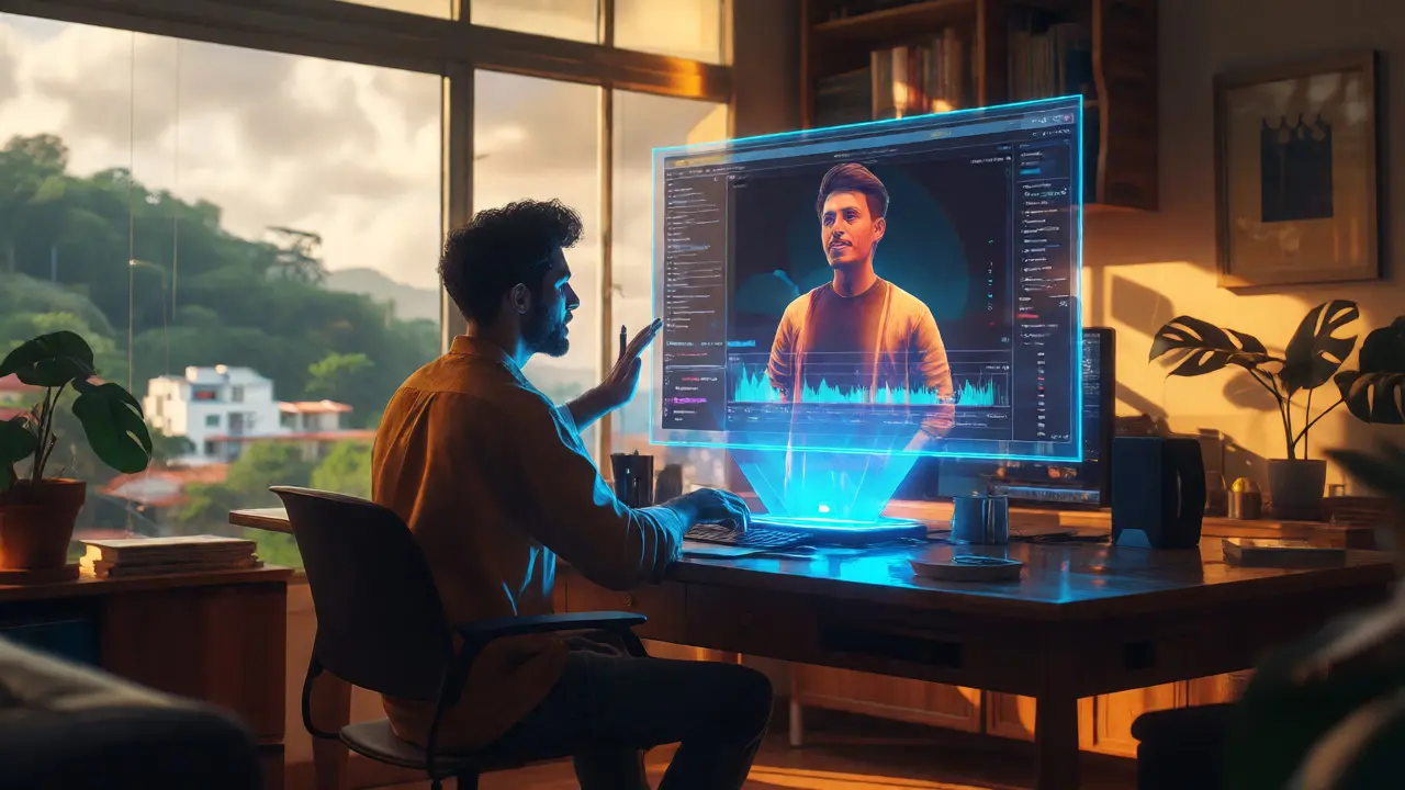 Criador trabalhando com projeções holográficas de edição de vídeo