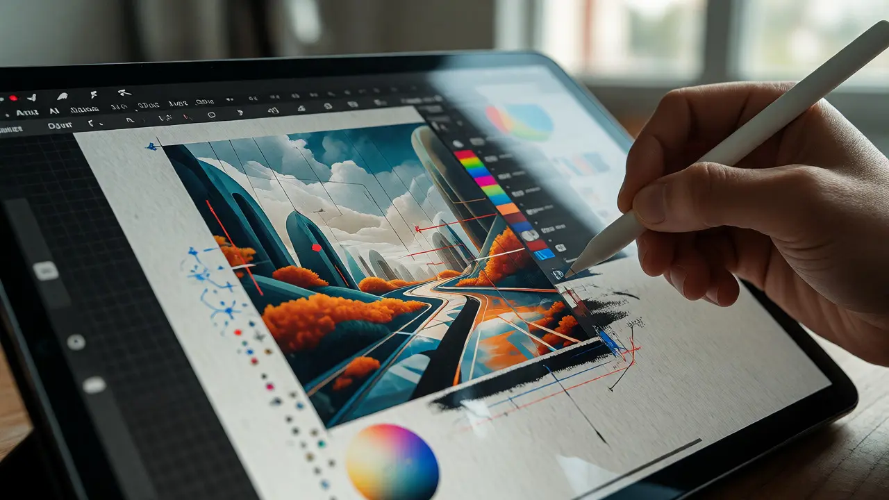 Designer editando manualmente arte gerada por IA em tablet com camadas de vetor