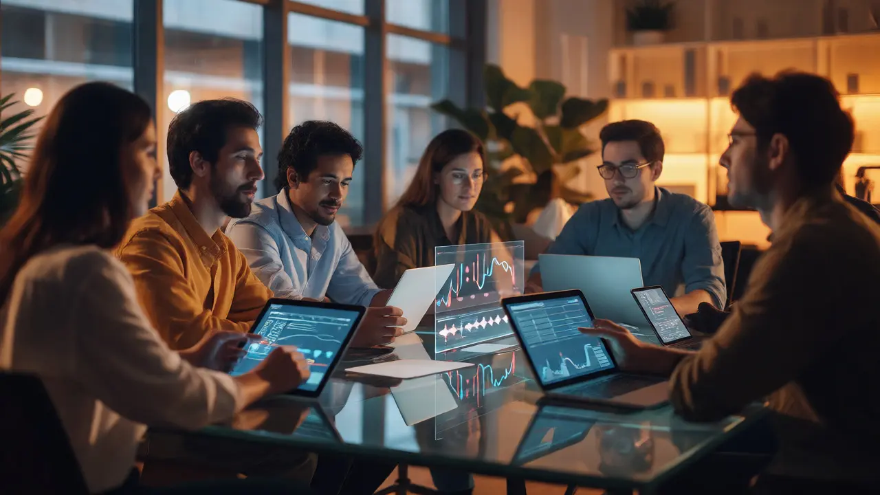Equipe profissional colaborando com interface holográfica de dados em escritório moderno.