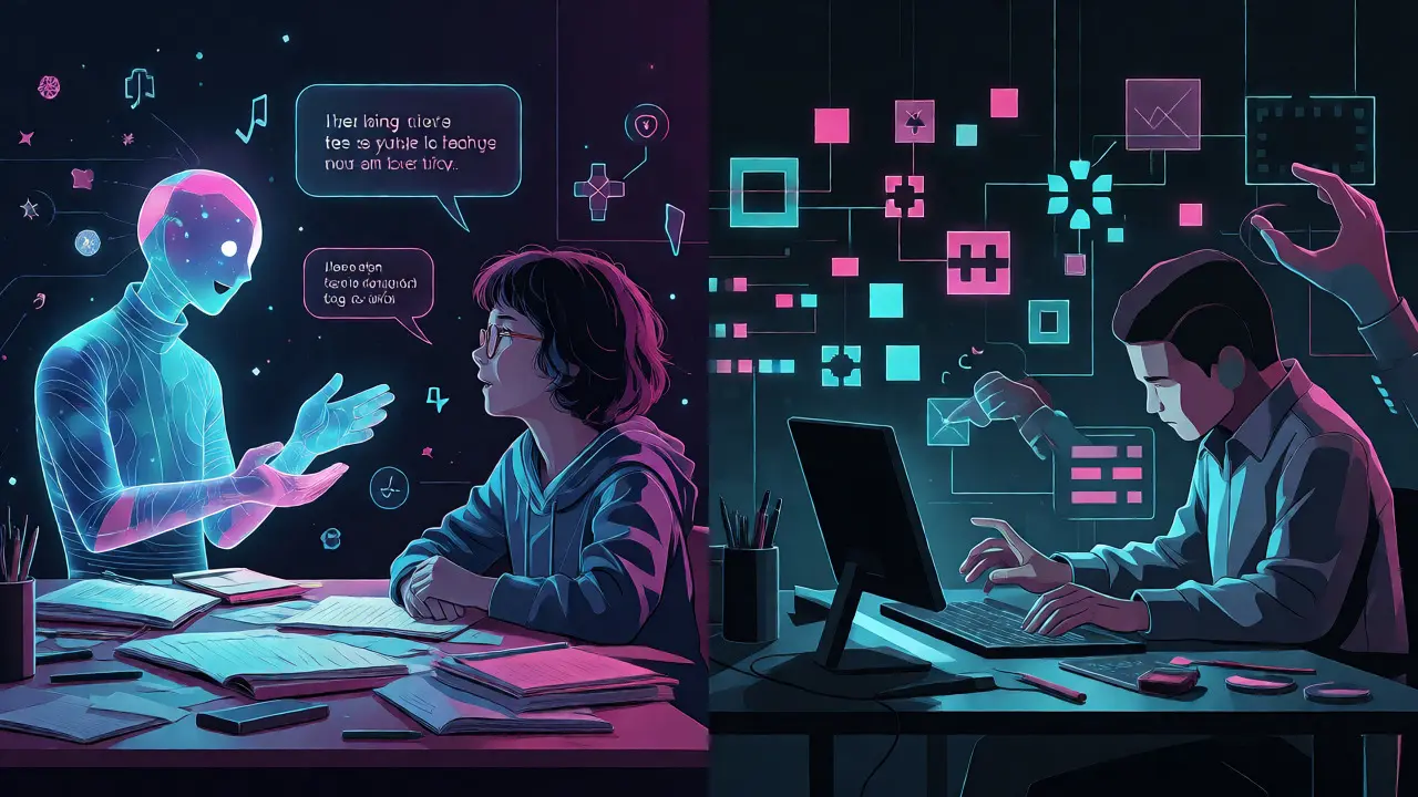 Estudante e desenvolvedor usando assistentes virtuais em cenas futuristas
