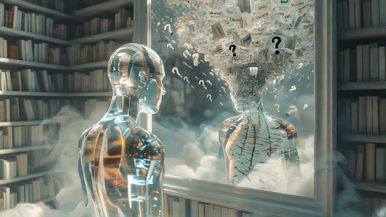 Figura de vidro refletindo fragmentos de texto e nuvens