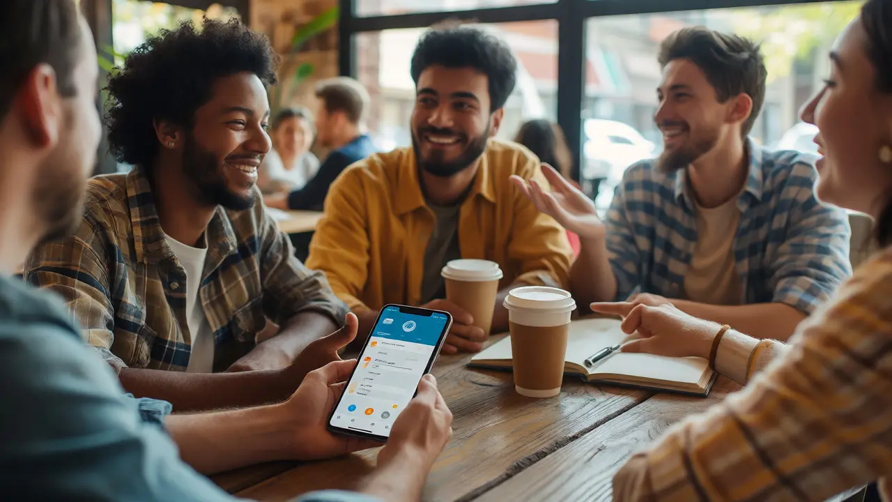 Grupo de amigos conversando sobre uso prático do ChatGPT em café