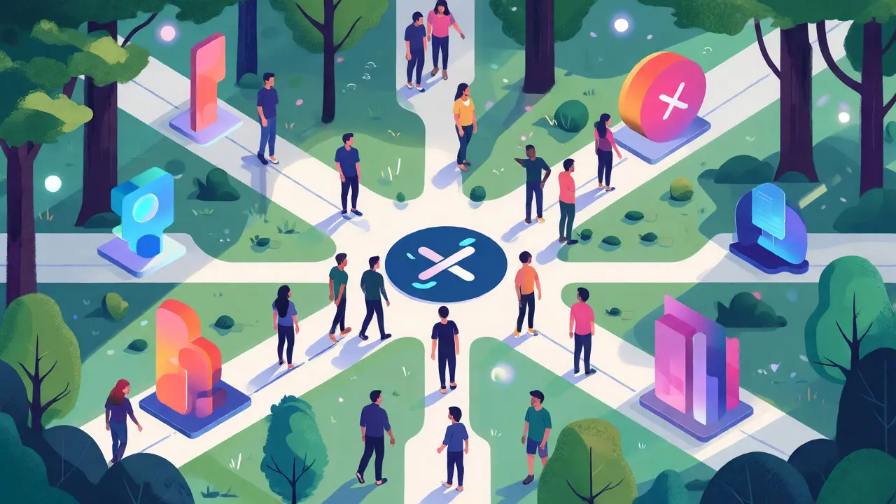 Ilustração isométrica de caminhos digitais e alternativas de IA