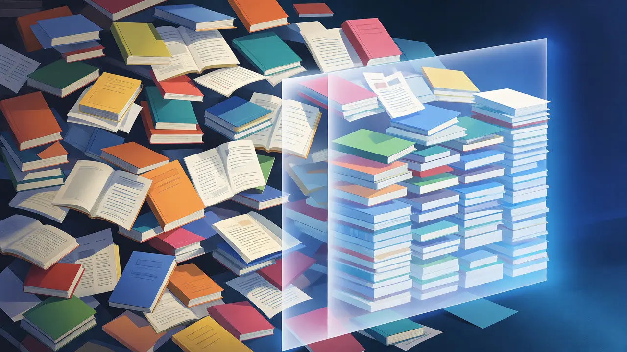 Livros e documentos sendo organizados por um filtro digital luminoso