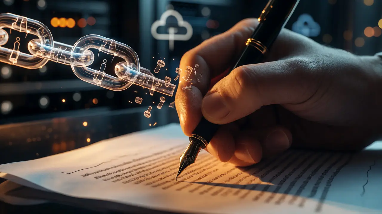 Mão assinando contrato com correntes digitais quebrando para simbolizar estratégia de saída
