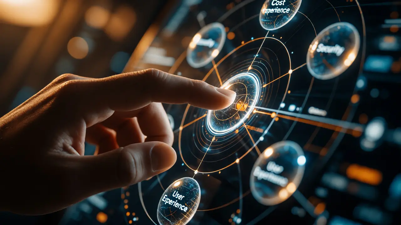 Mão humana ajustando nós de requisitos em interface futurista com esferas orbitais.