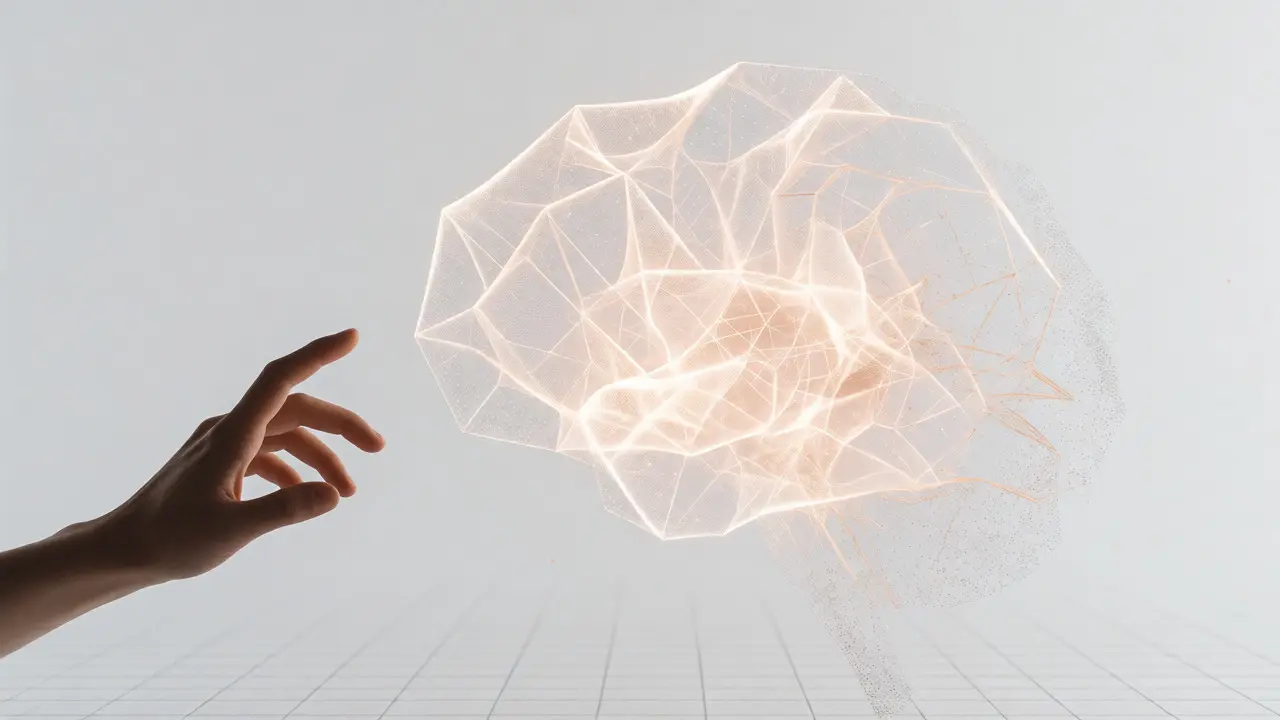 Mão humana tocando estrutura geométrica luminosa representando a IA sem consciência.