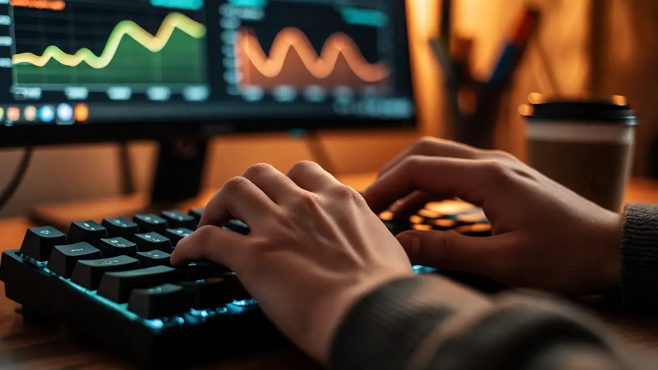 Mãos digitando em teclado mecânico com tela de métricas desfocada ao fundo.