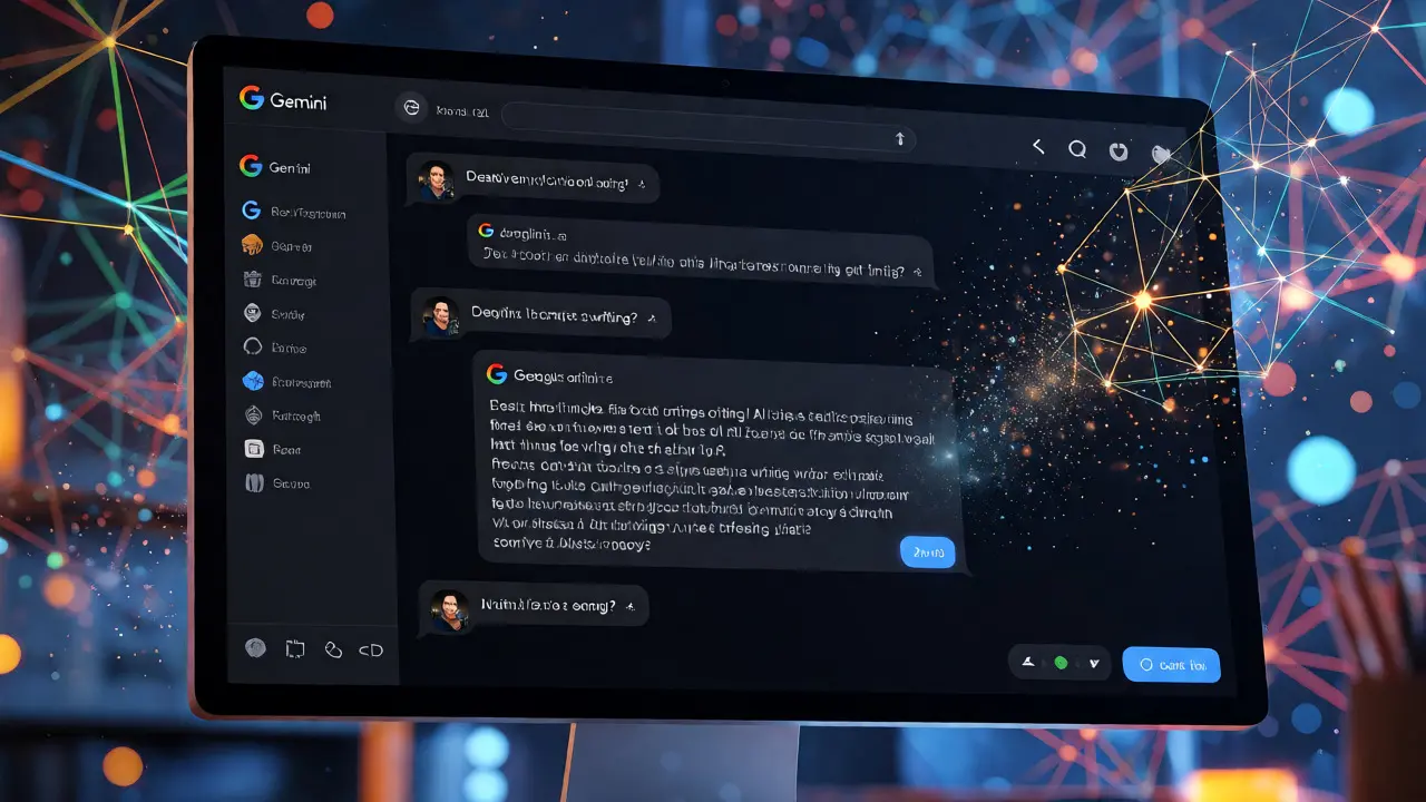 Monitor mostrando conversa com o chatbot Google Gemini e partículas digitais