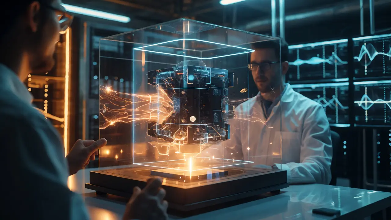 Pesquisadores analisando uma caixa preta de IA com luzes imprevisíveis em um laboratório futurista.