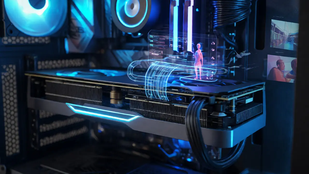 Placa gráfica de alto desempenho com fluxos de dados holográficos representando controle técnico.