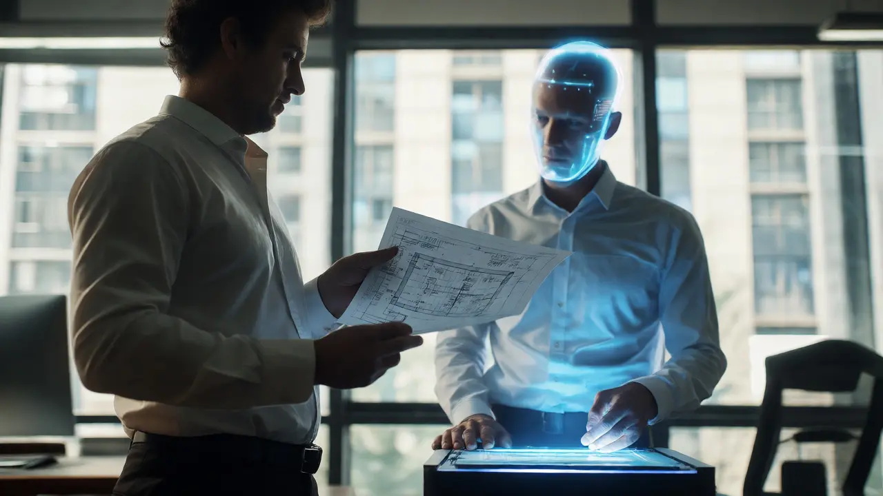 Profissional guiando assistente holográfico genérico com documento detalhado.
