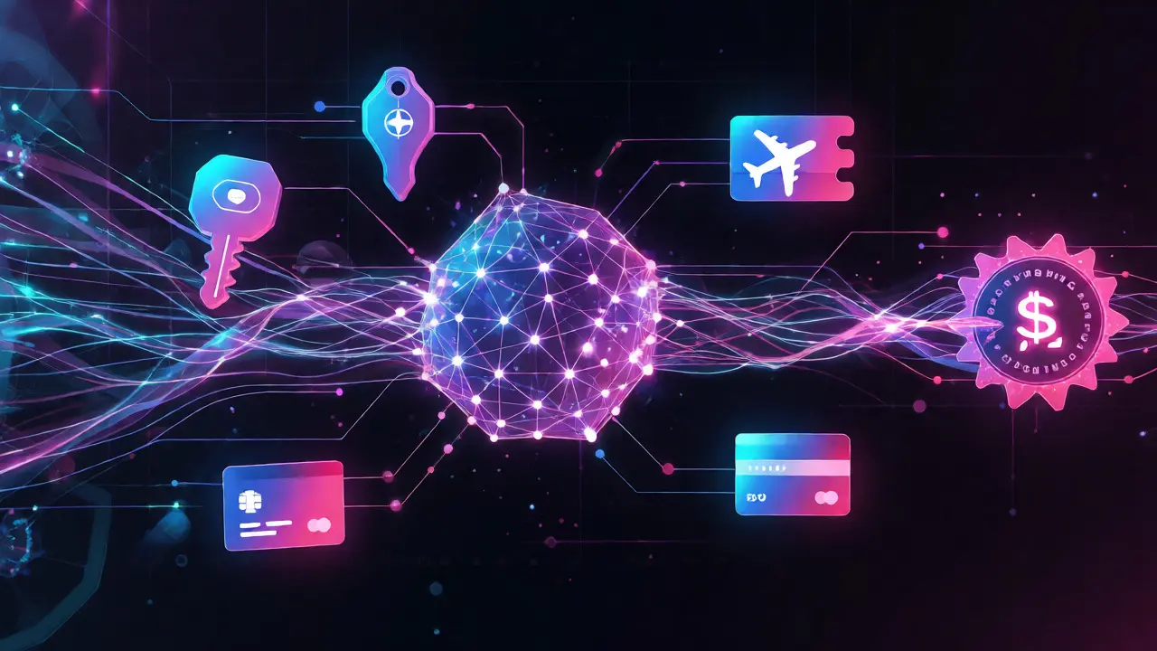 Rede neural brilhante conectando ícones de viagem e pagamentos em fluxo de dados