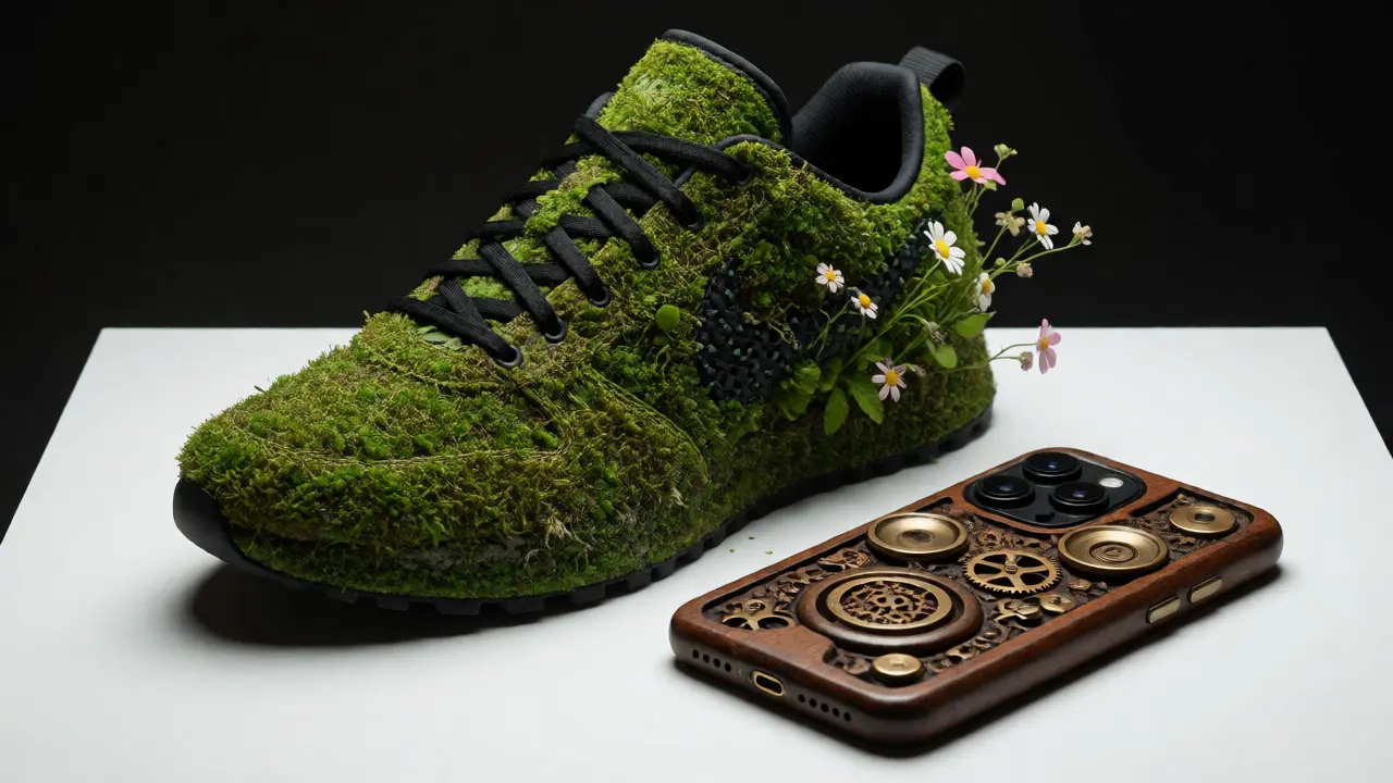 Tênis de musgo e celular de madeira estilo steampunk